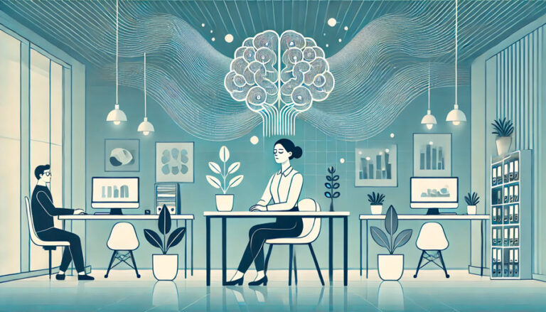 Illustration minimaliste vectorielle d’un espace de travail serein, avec un employé assis à son bureau, les yeux fermés, dans un open-space lumineux et épuré. Des lignes ondulées et des formes neuronales stylisées entourent la scène, symbolisant la gestion du stress grâce aux neurosciences.