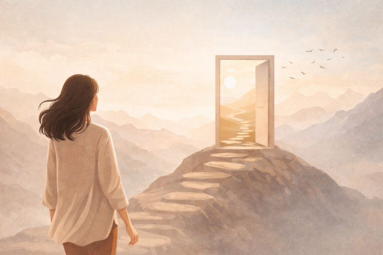 Femme avançant vers une porte lumineuse, symbolisant une transformation personnelle et l’ouverture à de nouvelles opportunités.